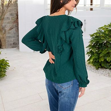Women's Long Sleeve Ruffled Blouse with Textured Dot Pattern and Button Front