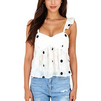 Women's Swiss Dot Sleeveless Babydoll Top with Ruffle Strap and Embroidered Polka Dots