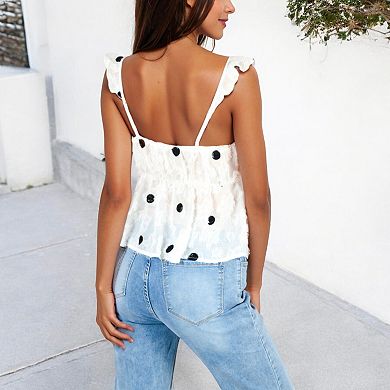 Women's Swiss Dot Sleeveless Babydoll Top with Ruffle Strap and Embroidered Polka Dots