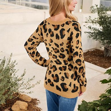 Women's V-Neck Leopard Print Sweater with Cutout Detail and Long Sleeves