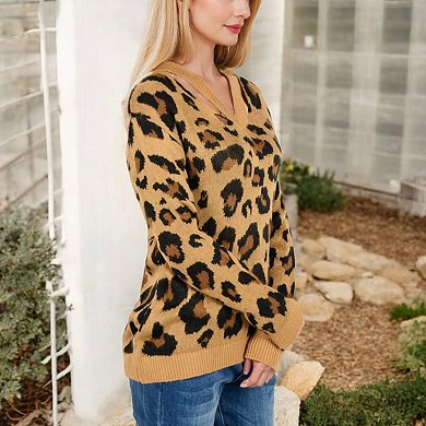Women's V-Neck Leopard Print Sweater with Cutout Detail and Long Sleeves