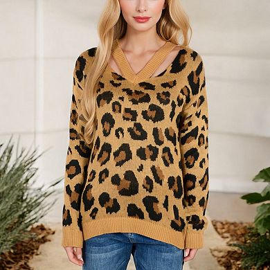 Women's V-Neck Leopard Print Sweater with Cutout Detail and Long Sleeves