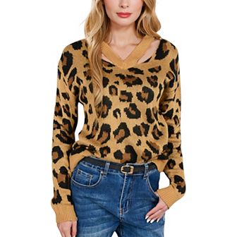 Women's V-Neck Leopard Print Sweater with Cutout Detail and Long Sleeves
