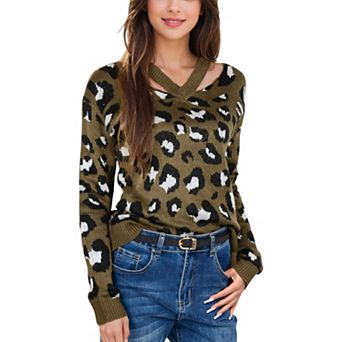 Women's V-Neck Leopard Print Sweater with Cutout Detail and Long Sleeves