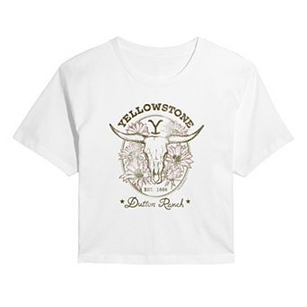 Juniors' Yellowstone Dutton Ranch Skulls & Flowers Cropped Tee
