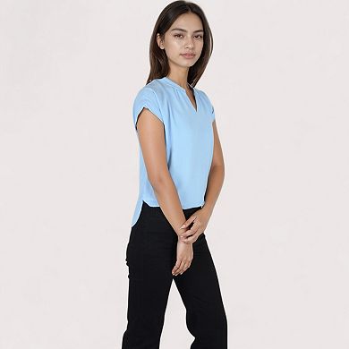 Women's V-Neck Short Sleeve Blouse with Rolled Cuffs and Soft Pleated Collar Detail