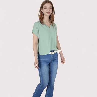 Women's V-Neck Short Sleeve Blouse with Rolled Cuffs and Soft Pleated Collar Detail