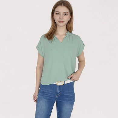 Women's V-Neck Short Sleeve Blouse with Rolled Cuffs and Soft Pleated Collar Detail