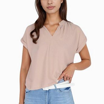 Women's V-Neck Short Sleeve Blouse with Rolled Cuffs and Soft Pleated Collar Detail
