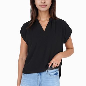 Women's V-Neck Short Sleeve Blouse with Rolled Cuffs and Soft Pleated Collar Detail