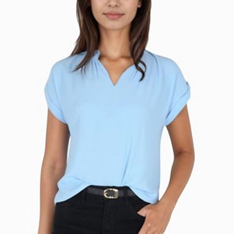 Women's V-Neck Short Sleeve Blouse with Rolled Cuffs and Soft Pleated Collar Detail