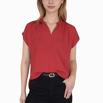 Women's V-Neck Short Sleeve Blouse with Rolled Cuffs and Soft Pleated Collar Detail