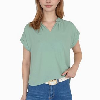 Women's V-Neck Short Sleeve Blouse with Rolled Cuffs and Soft Pleated Collar Detail