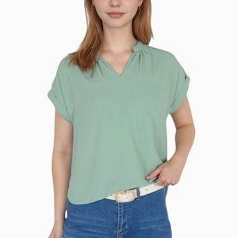 Women's V-Neck Short Sleeve Blouse with Rolled Cuffs and Soft Pleated Collar Detail
