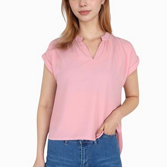 Women's V-Neck Short Sleeve Blouse with Rolled Cuffs and Soft Pleated Collar Detail