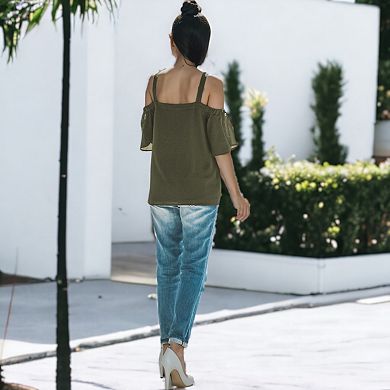 Women's Solid Cutout Cold Shoulder Top