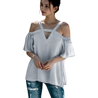 Women's Solid Cutout Cold Shoulder Top