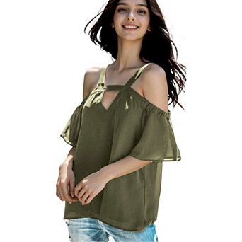 Women's Solid Cutout Cold Shoulder Top
