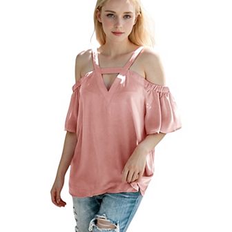 Women's Solid Cutout Cold Shoulder Top