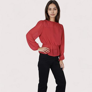 Women's Sheer Yoke Long Sleeve Blouse with Ruffle Neckline and Cinched Waist Detail