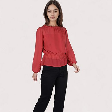 Women's Sheer Yoke Long Sleeve Blouse with Ruffle Neckline and Cinched Waist Detail