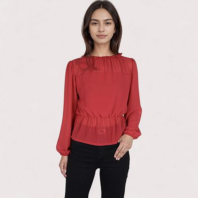 Women's Sheer Yoke Long Sleeve Blouse with Ruffle Neckline and Cinched Waist Detail