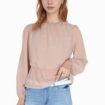 Women's Sheer Yoke Long Sleeve Blouse with Ruffle Neckline and Cinched Waist Detail