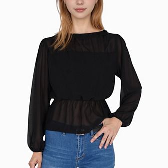 Women's Sheer Yoke Long Sleeve Blouse with Ruffle Neckline and Cinched Waist Detail