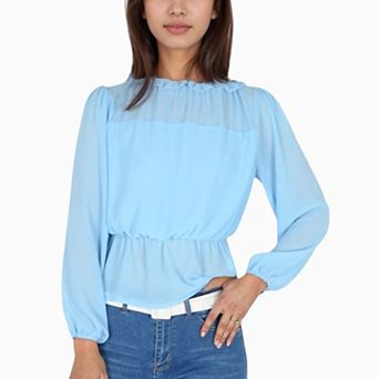 Women's Sheer Yoke Long Sleeve Blouse with Ruffle Neckline and Cinched Waist Detail