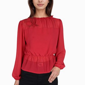 Women's Sheer Yoke Long Sleeve Blouse with Ruffle Neckline and Cinched Waist Detail