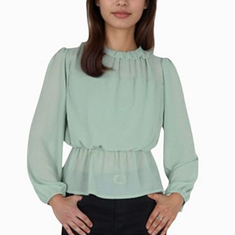 Women's Sheer Yoke Long Sleeve Blouse with Ruffle Neckline and Cinched Waist Detail