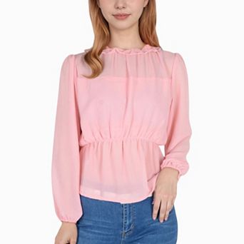 Women's Sheer Yoke Long Sleeve Blouse with Ruffle Neckline and Cinched Waist Detail