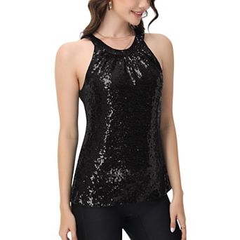 Women's Sleeveless Sequin Halter Top with Pleated Neckline and Sparkling Finish