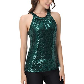 Women's Sleeveless Sequin Halter Top with Pleated Neckline and Sparkling Finish