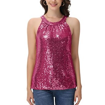 Women's Sleeveless Sequin Halter Top with Pleated Neckline and Sparkling Finish