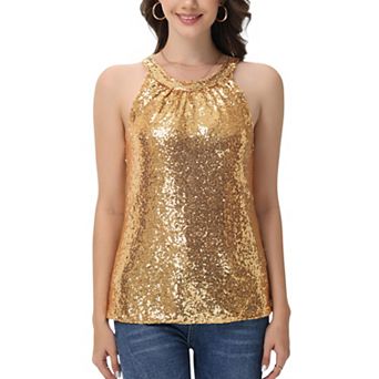 Women's Sleeveless Sequin Halter Top with Pleated Neckline and Sparkling Finish