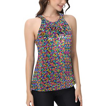 Women's Sleeveless Sequin Halter Top with Pleated Neckline and Sparkling Finish