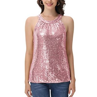 Women's Sleeveless Sequin Halter Top with Pleated Neckline and Sparkling Finish