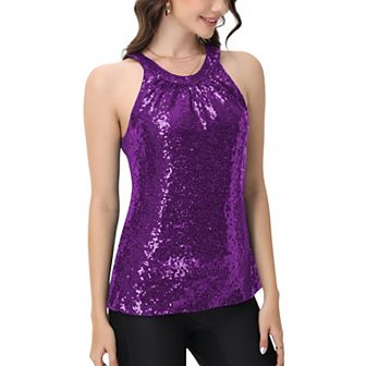 Women's Sleeveless Sequin Halter Top with Pleated Neckline and Sparkling Finish