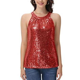 Women's Sleeveless Sequin Halter Top with Pleated Neckline and Sparkling Finish