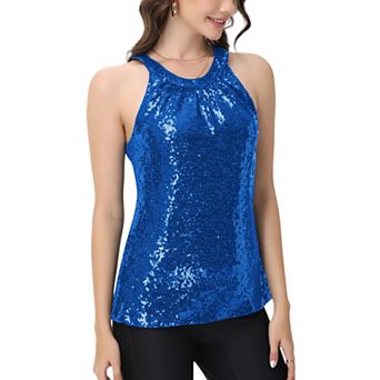 Women's Sleeveless Sequin Halter Top with Pleated Neckline and Sparkling Finish