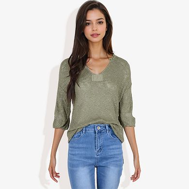 Women's Lightweight Long Sleeve Knit Top with Notch Neck and Rolled Cuffs
