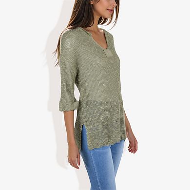 Women's Lightweight Long Sleeve Knit Top with Notch Neck and Rolled Cuffs