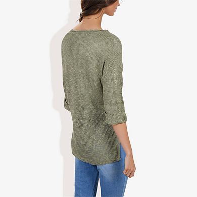 Women's Lightweight Long Sleeve Knit Top with Notch Neck and Rolled Cuffs