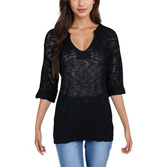 Women's Lightweight Long Sleeve Knit Top with Notch Neck and Rolled Cuffs