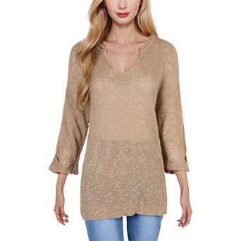 Women's Lightweight Long Sleeve Knit Top with Notch Neck and Rolled Cuffs