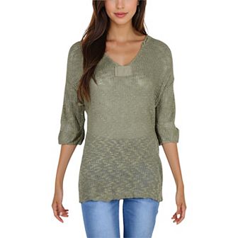 Women's Lightweight Long Sleeve Knit Top with Notch Neck and Rolled Cuffs
