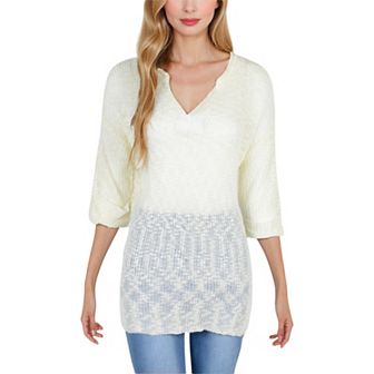 Women's Lightweight Long Sleeve Knit Top with Notch Neck and Rolled Cuffs