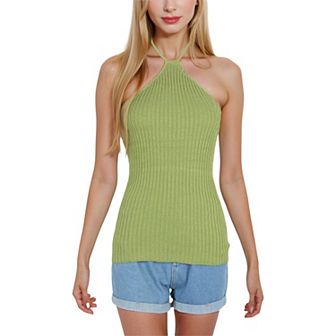 Women's Halter Neck Knit Tank Top with Ribbed Design and Stretchy Fit for Casual Summer Wear