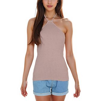 Women's Halter Neck Knit Tank Top with Ribbed Design and Stretchy Fit for Casual Summer Wear